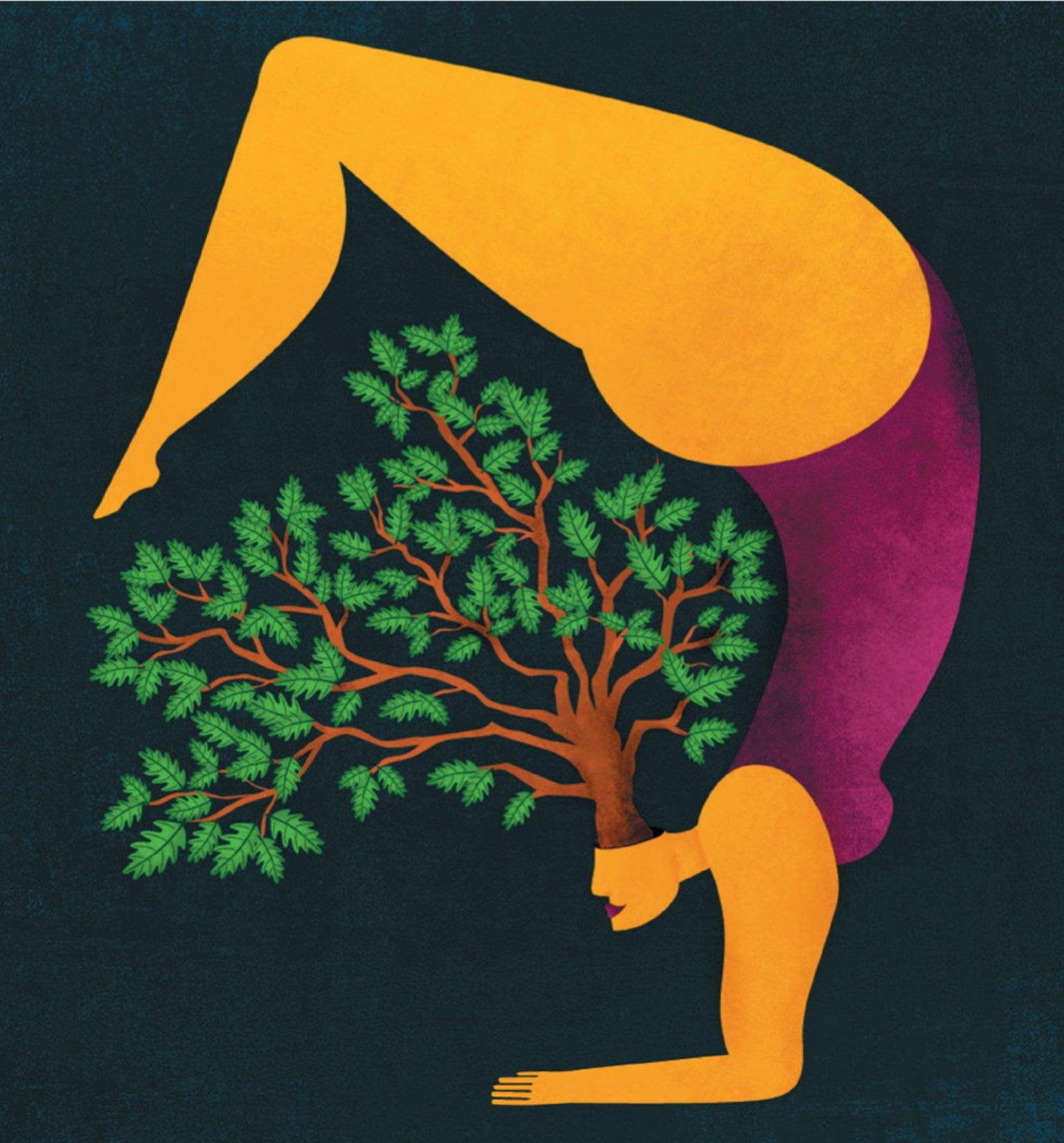 Illustration of a woman doing a yoga pose, with a tree growing out of her head.