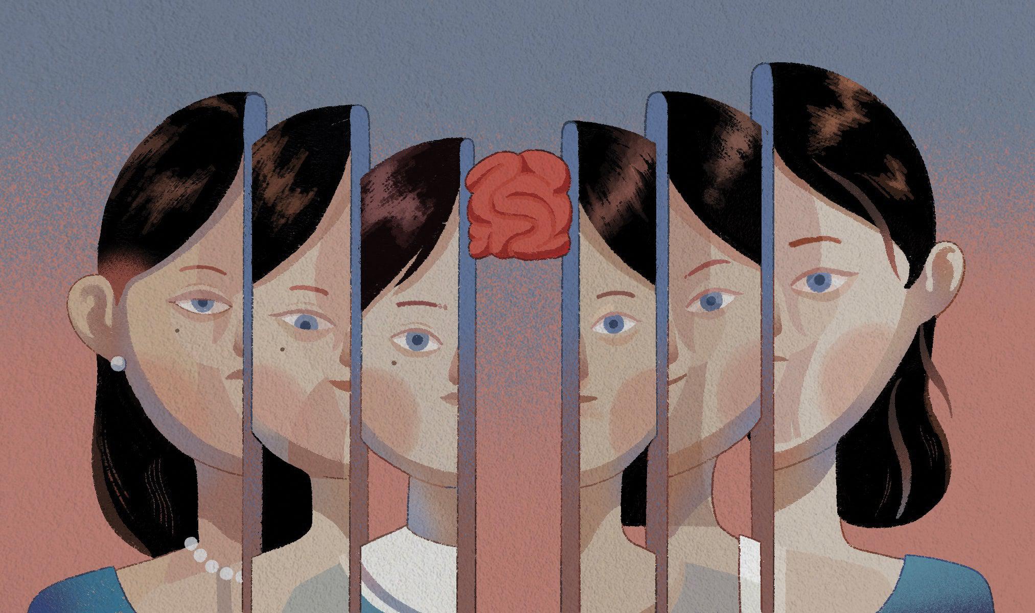 Illustration of a young girl's head sliced in three happier and three sadder pieces, with a brain sitting in the middle.