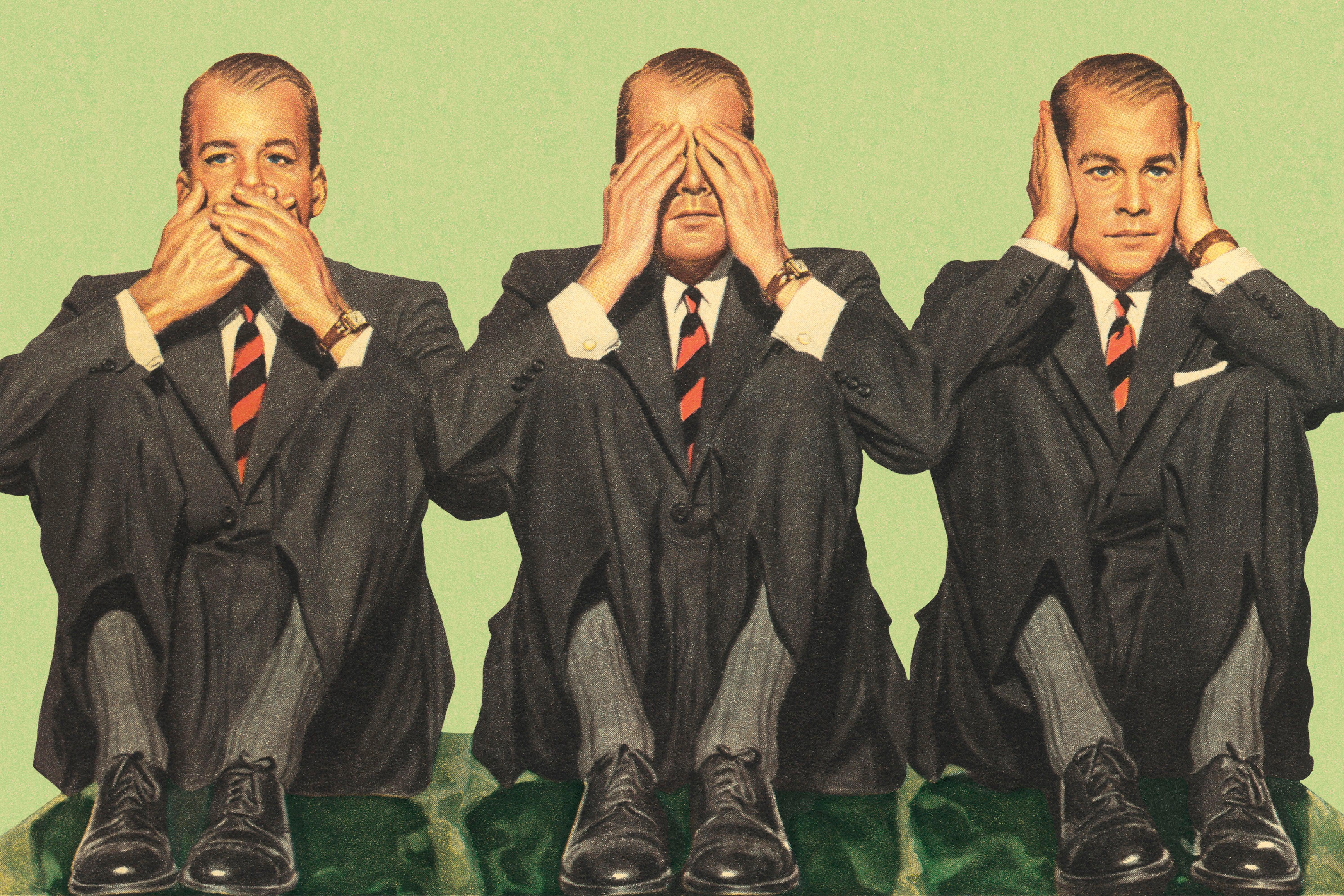 Vintage photo illustration of a main in a suit pictured three times from left to right with hands covering mouth, hands covering eyes, hands covering ears