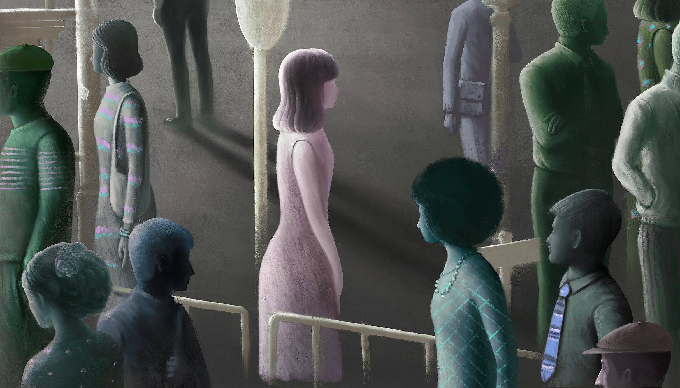 Surreal artist's concept of a woman standing alone in the middle of a crowd in public