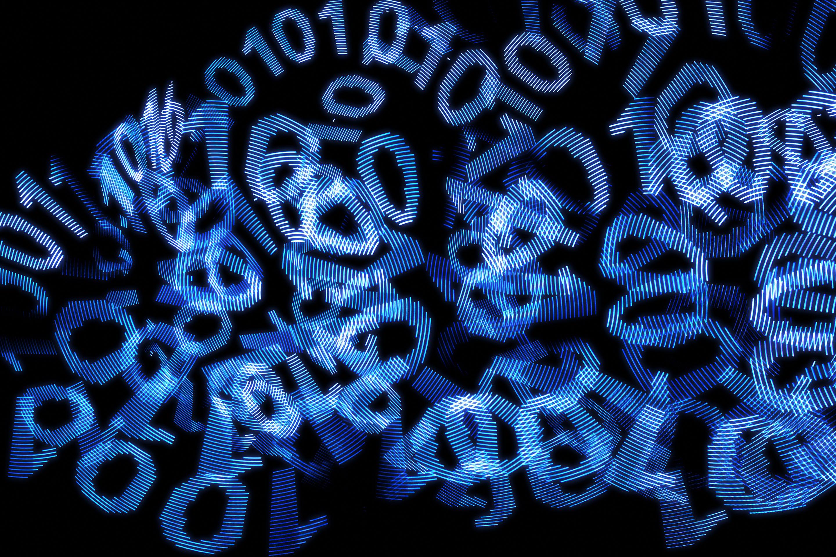 A messy, multilayered, semi-transparent and spiraling heap of digital blue 1's and 0's on a black background