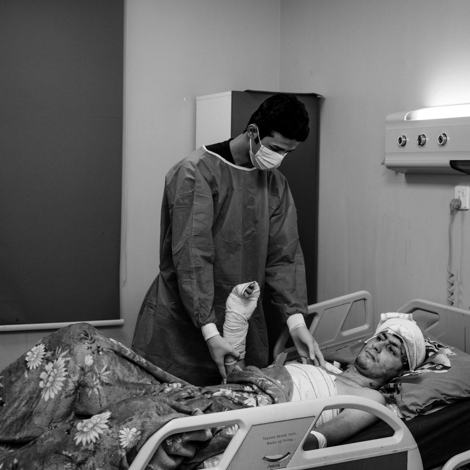 A 25-year-old patient at the Specialized Burns Hospital in Baghdad’s Medical City, in July 2024. Like many Iraqi hospitals, the facility suffers from high rates of resistant infection.