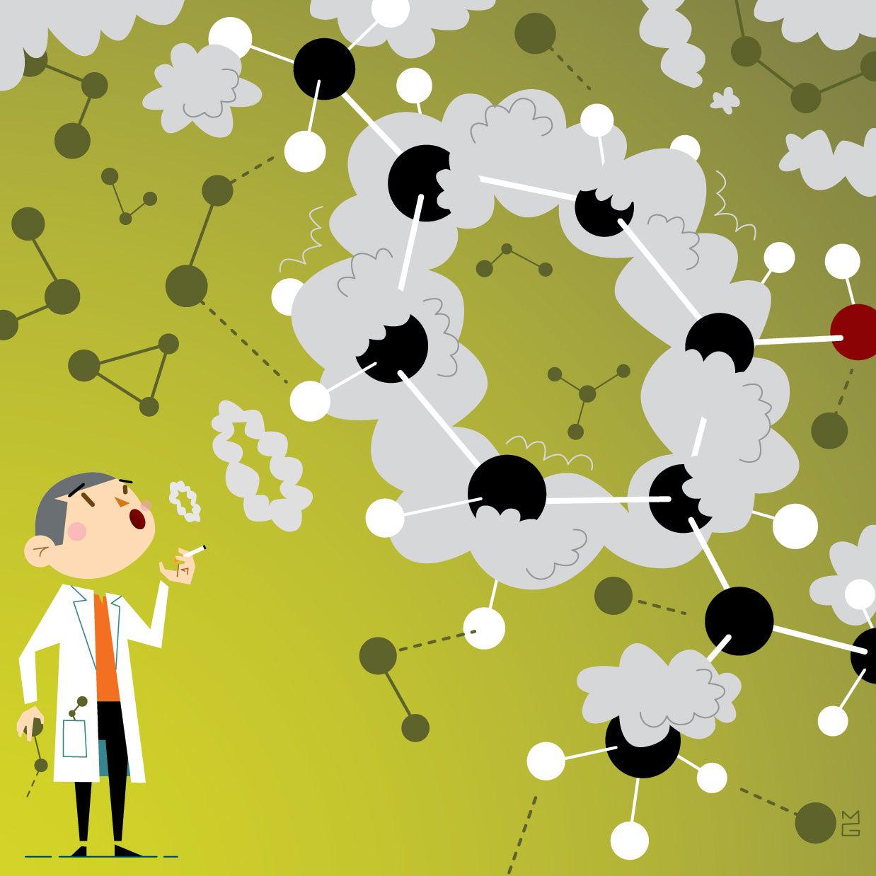 Illustration of a cartoon scientist looking up a cluster of molecules against a green background.