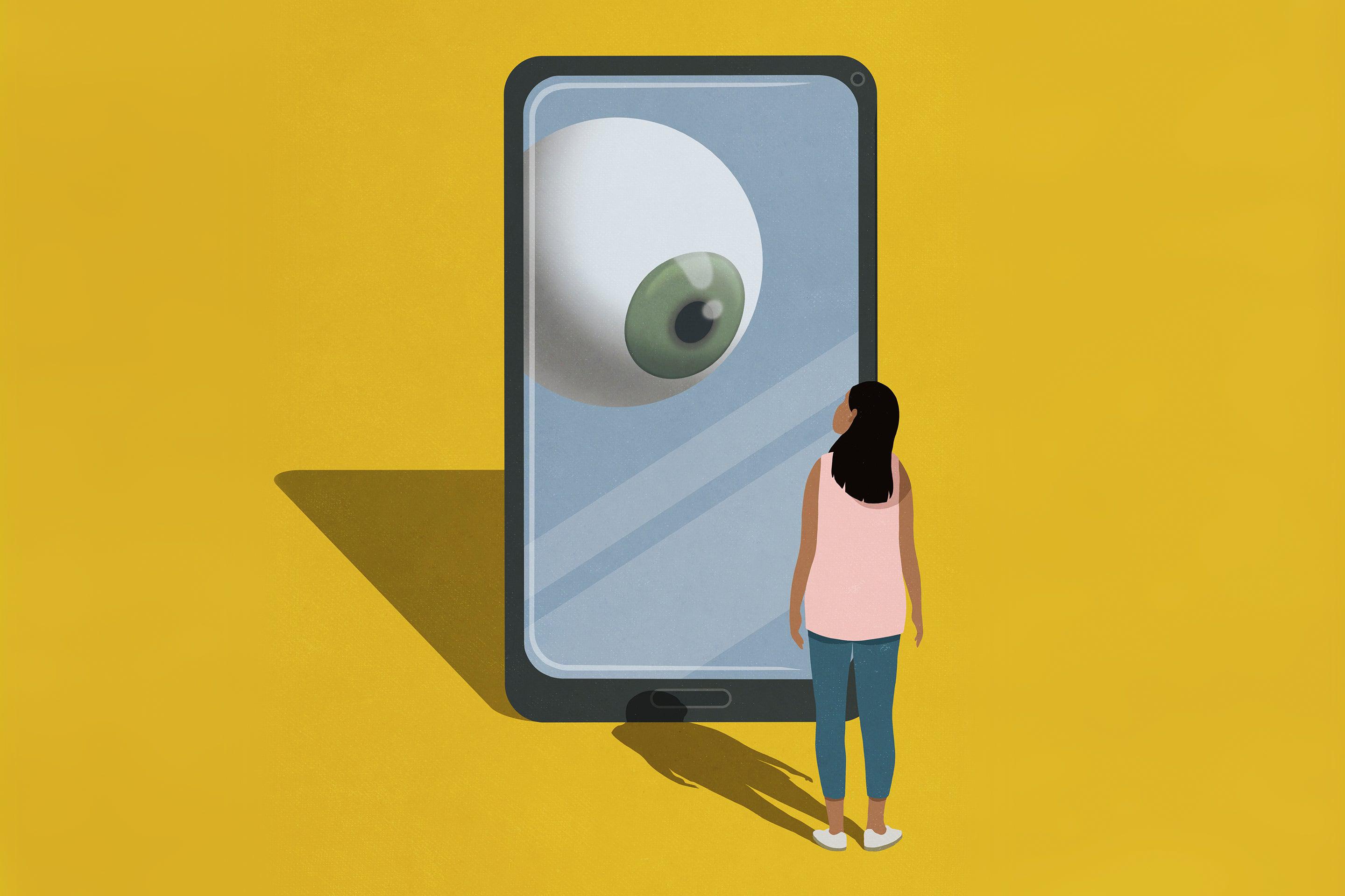 Illustration, woman stands in front of a giant smart phone that towers over her with a large eyeball on the screen watching her