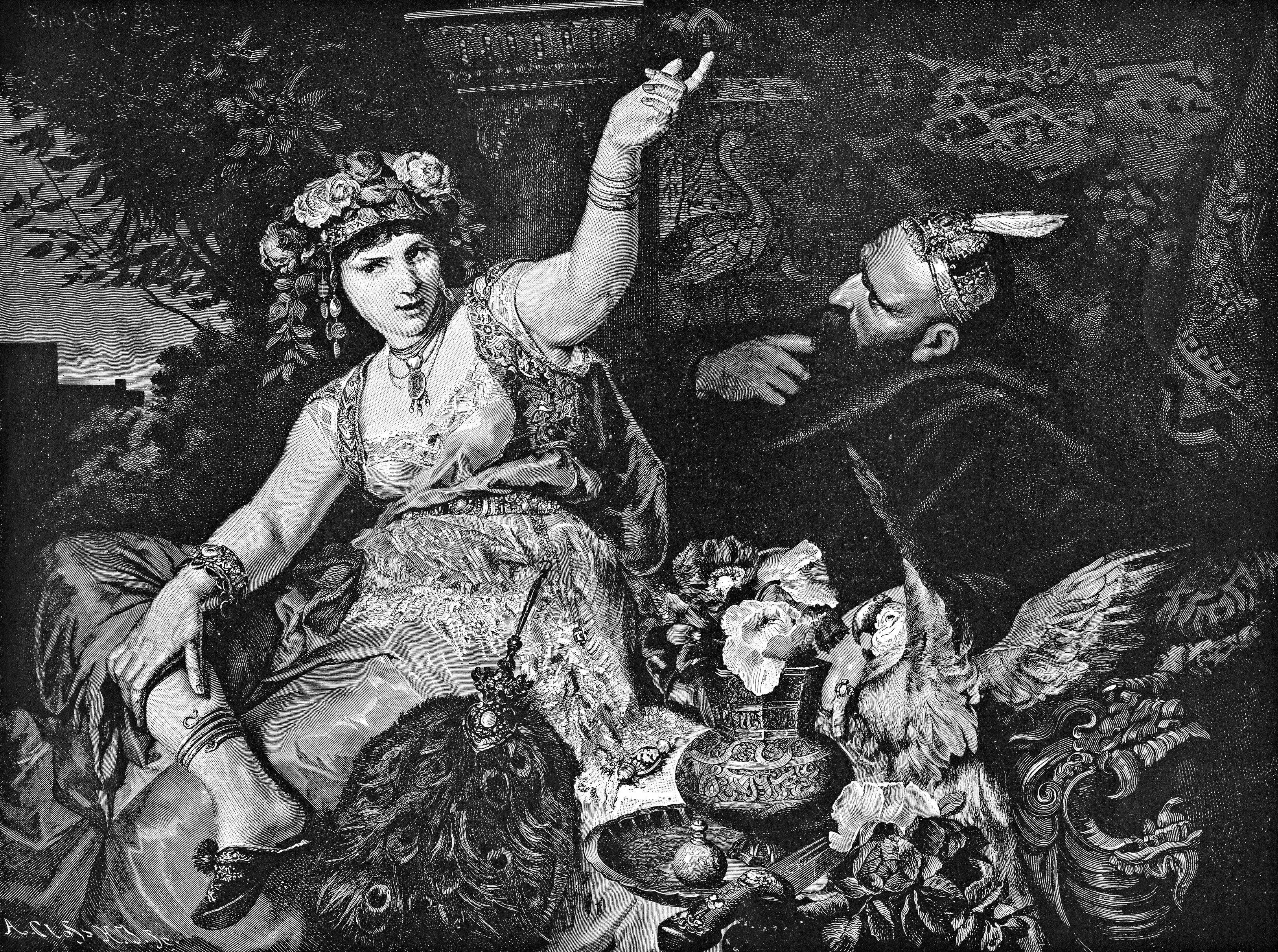 Engraving of Scheherazade in Arabian Nights 1892.