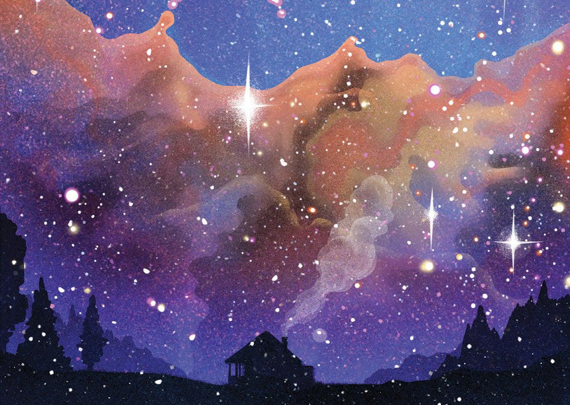 Illustration of a purple and orange, sparkly sky