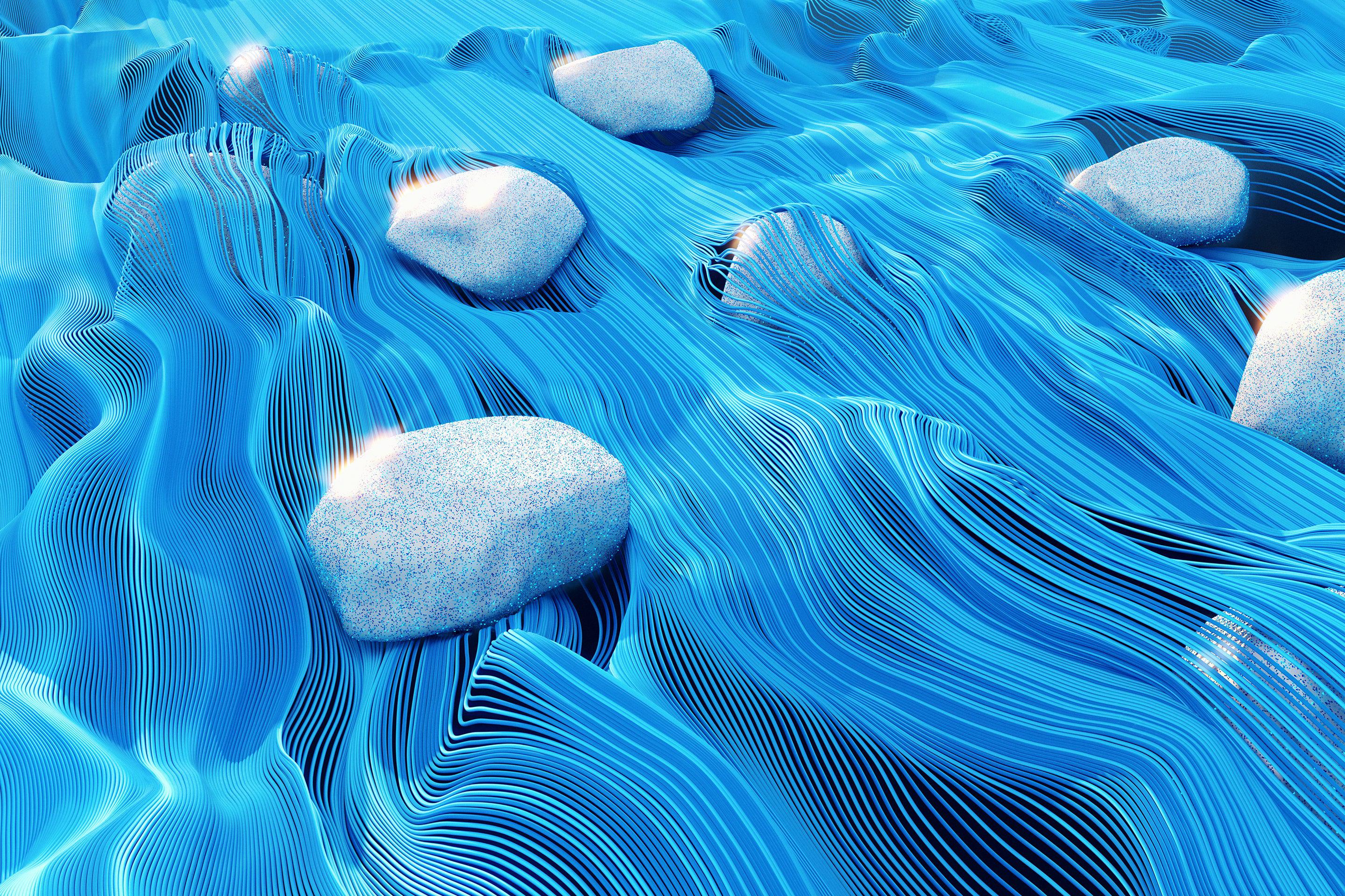 Digital illustration of lines representing a river or sea flowing over and around pebbles