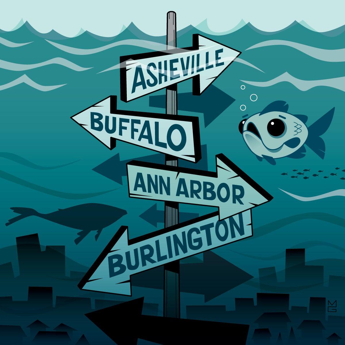 Directional signs under water fish looking at them