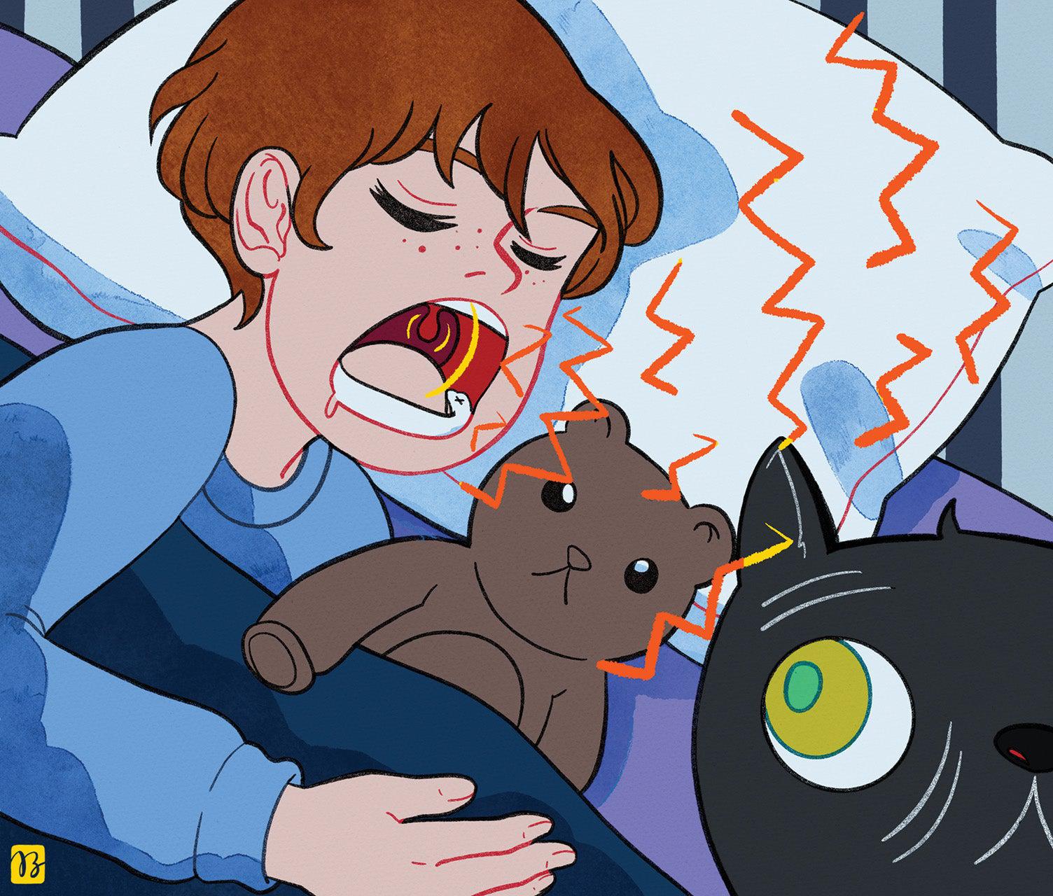 Child with mouth open in bed with teddybear red zigline snore lines coming out of mouth