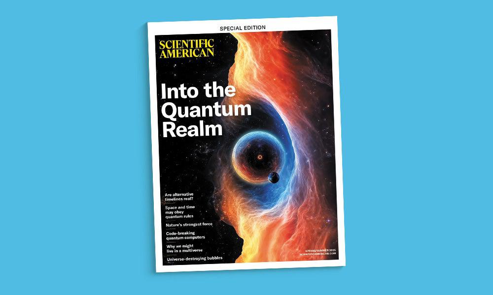 Cover of Scientific American's special edition issue Into the Quantum Realm against a blue background