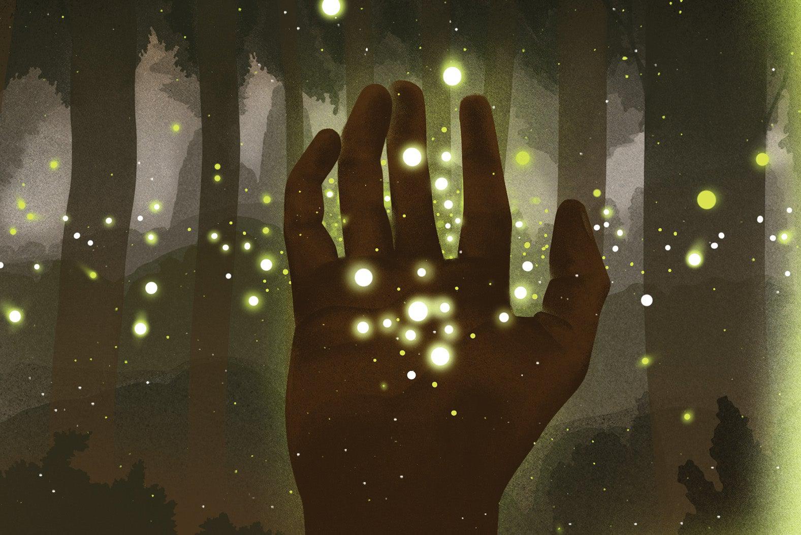 Illustration of the palm of a hand reaching out in the nighttime, with little orbs of light floating around the hand