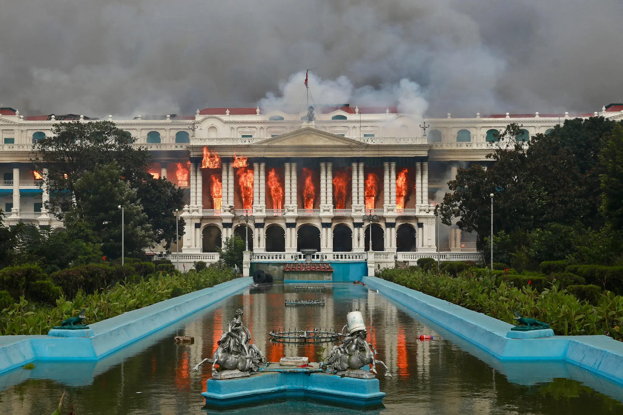 Fire raging through Nepal’s main administrative building in Kathmandu on Sept. 9, a day after security forces cracked down on demonstrations condemning government corruption.