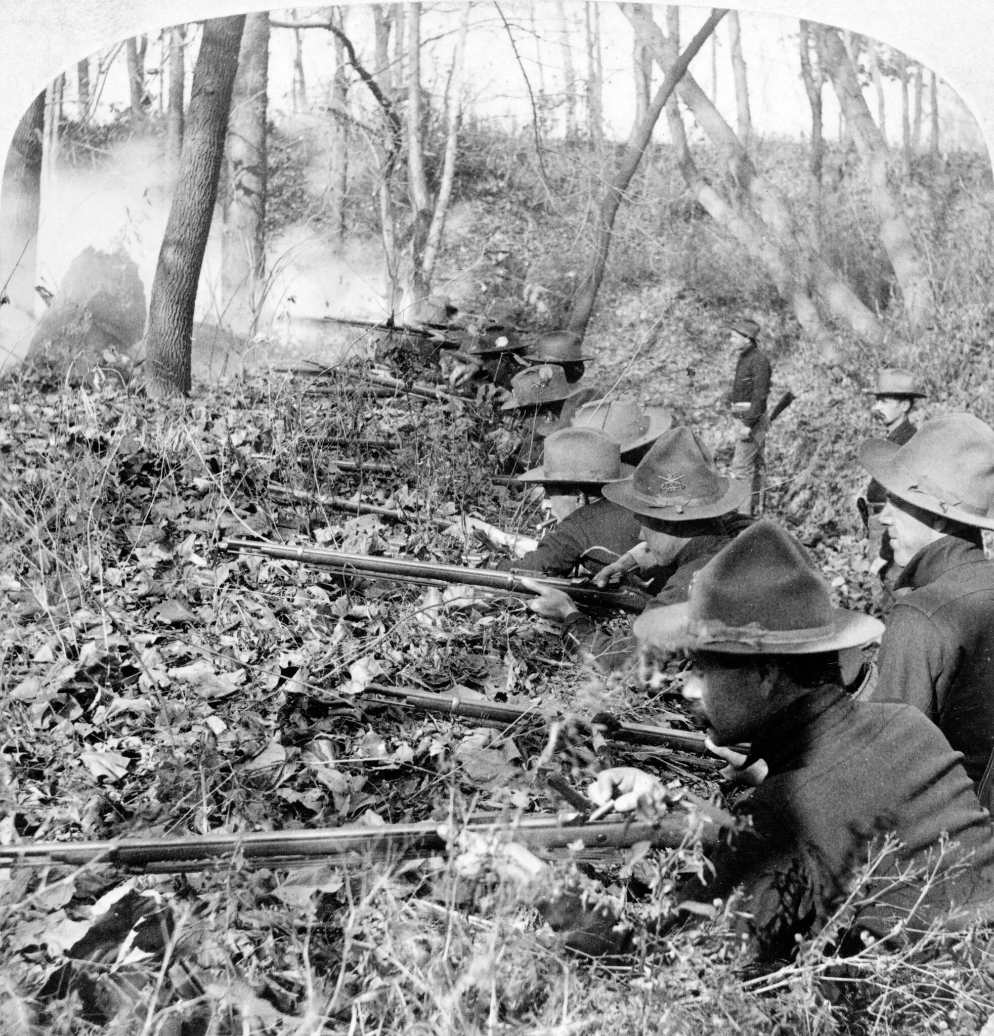 A scene of trench warfare in the Philippines in 1899.