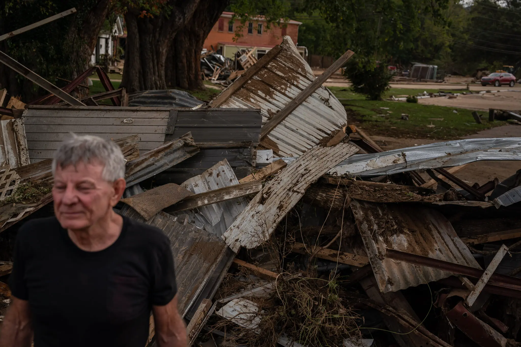 Roger King, a resident of Canton, N.C., shortly after Hurricane Helene struck. The deadly storm hit western North Carolina a year ago and the town is still operating out of trailers and awaiting some federal funds.