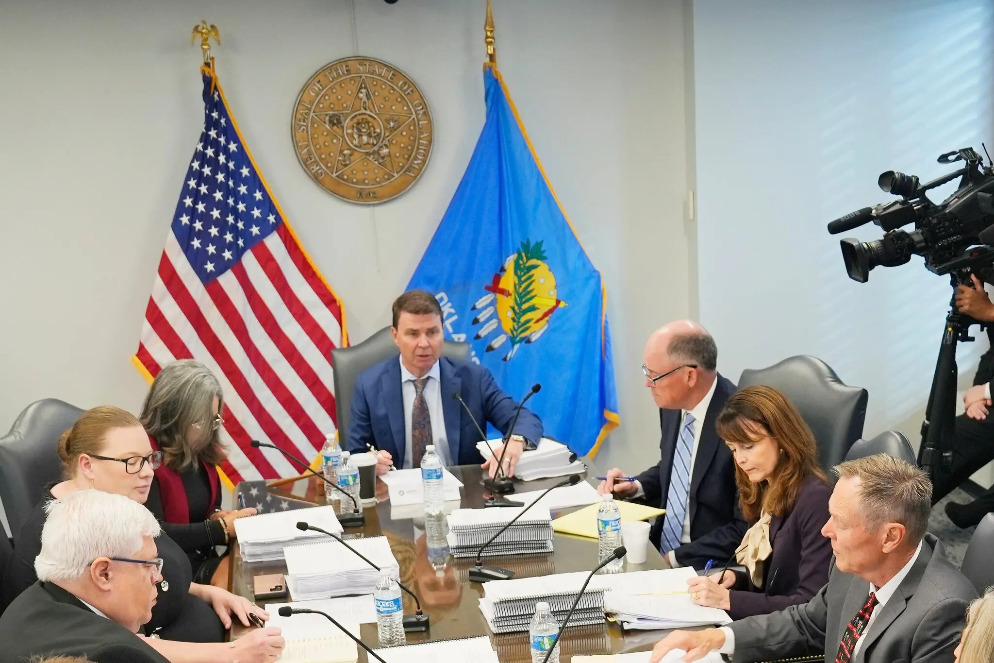 The new Oklahoma superintendent, Lindel Fields, center, was appointed by the governor two weeks ago.