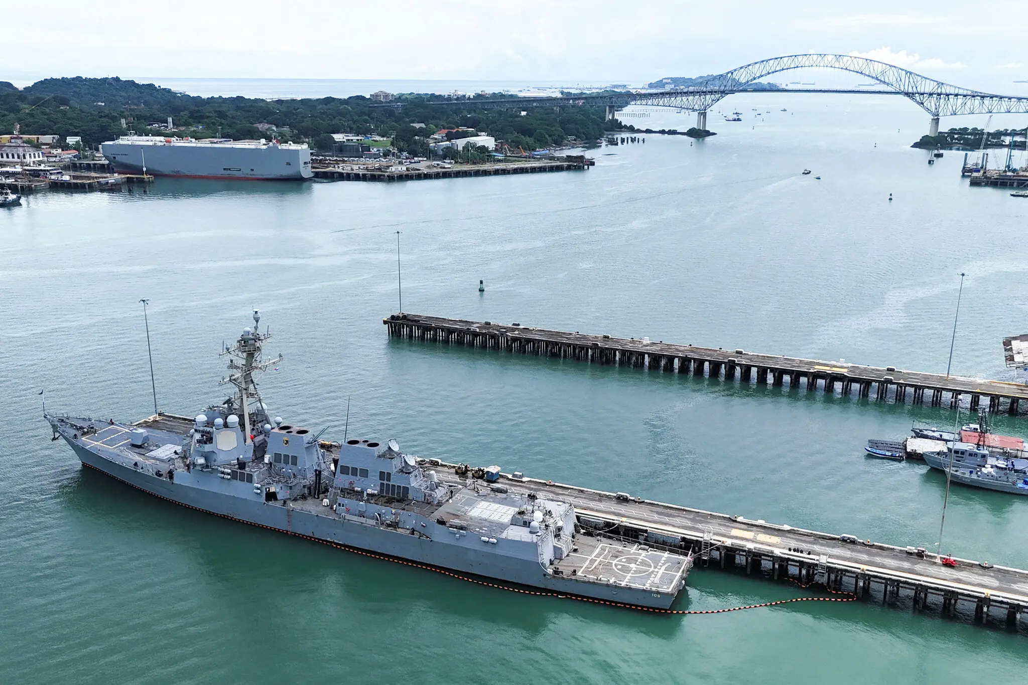 A Navy guided missile destroyer docked near the entrance to the Panama Canal in Panama City last month. The United States has deployed warships, surveillance planes and an attack submarine to the region.