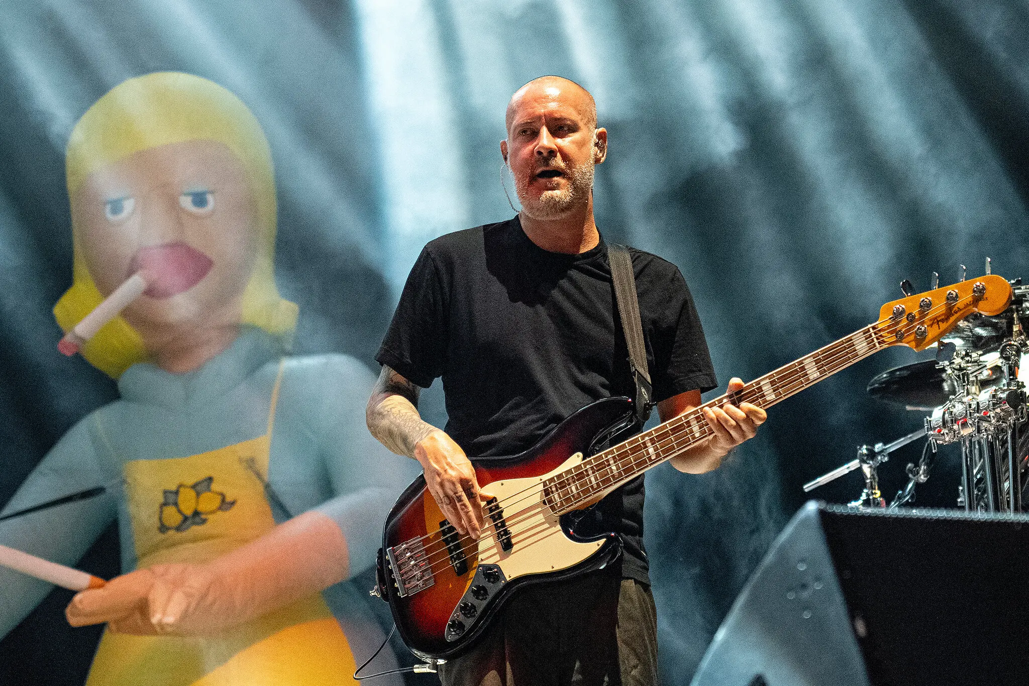 Sam Rivers, a bass player and founding member of the metal band Limp Bizkit, in 2023. He was scouted for the band when he was 18 years old.