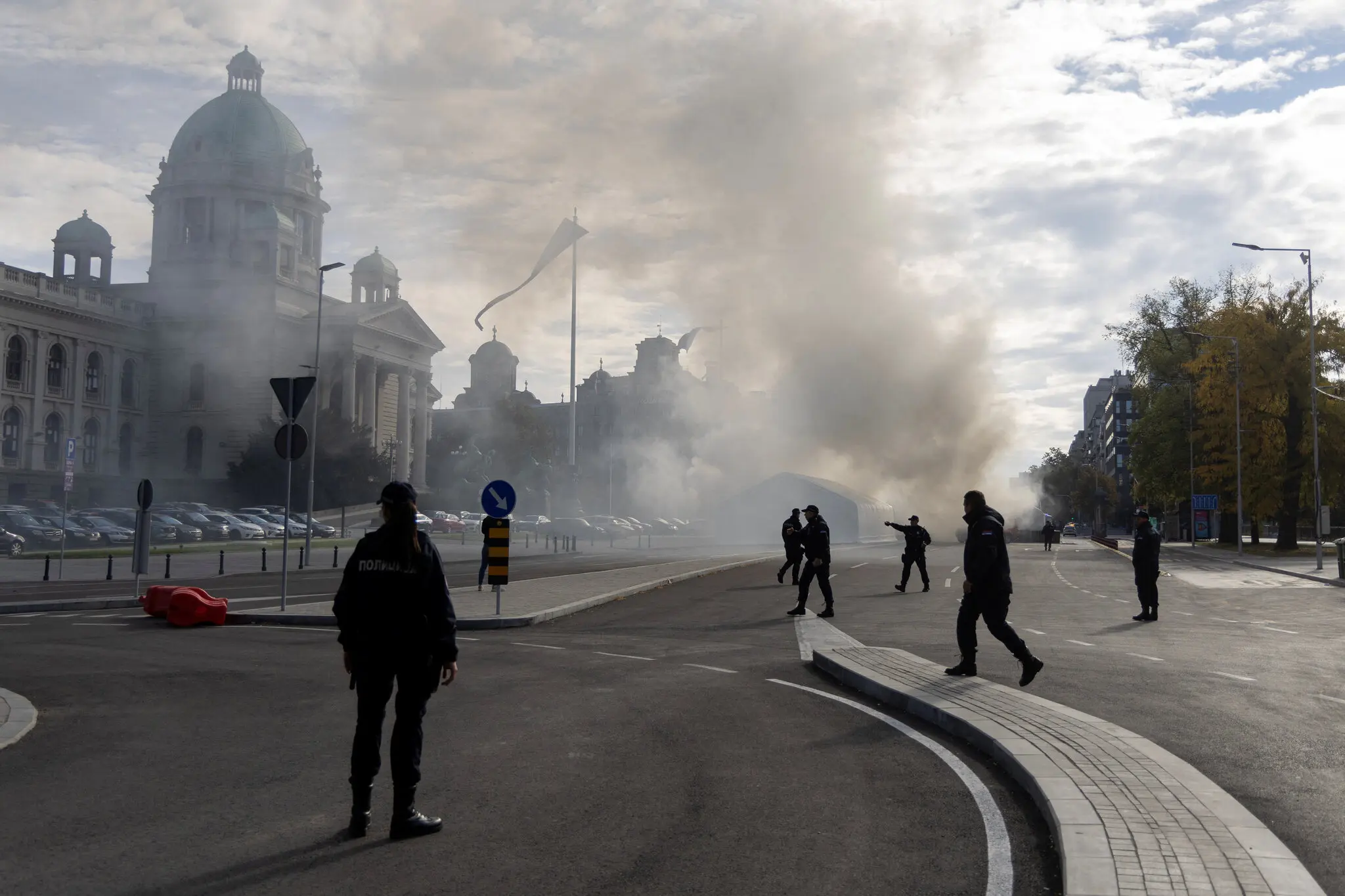 Police officers outside the Serbian Parliament in the capital, Belgrade, on Wednesday.