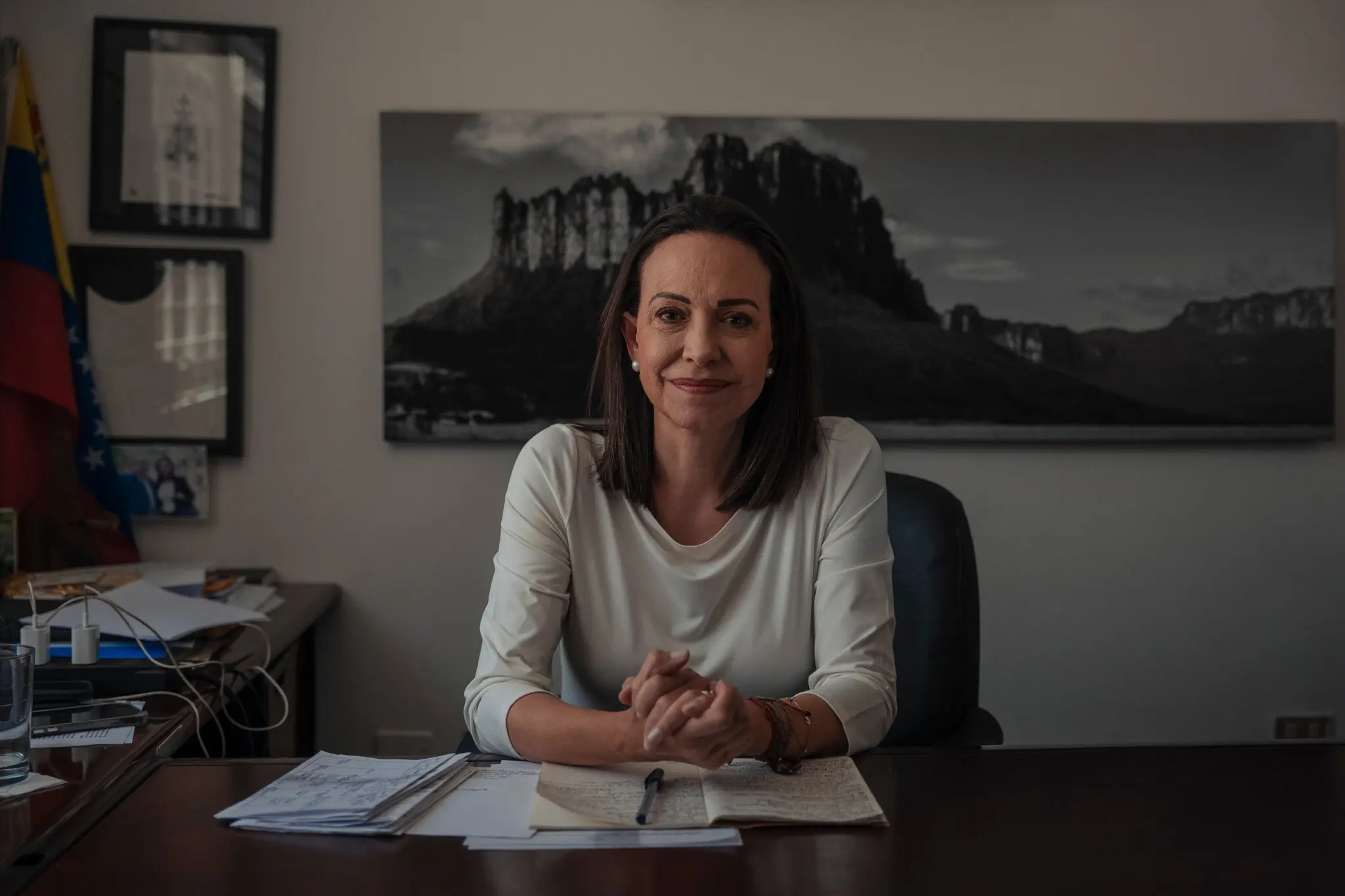 The opposition leader María Corina Machado in her office last year. She is now in hiding.