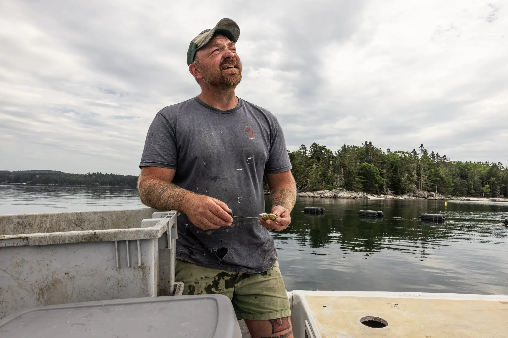 Graham Platner at the oyster farm he helps run off Frenchman Bay in Maine. He is running for the U.S. Senate in Maine as a Democrat.