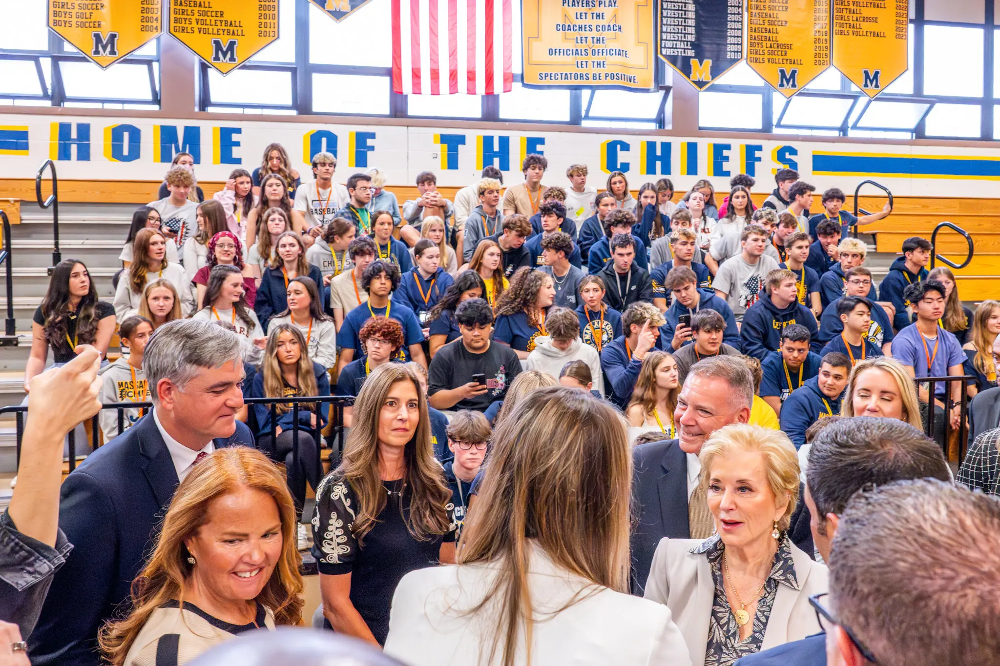 Linda McMahon, the secretary of education (right), visited Massapequa High School in May during a fight over its mascot.