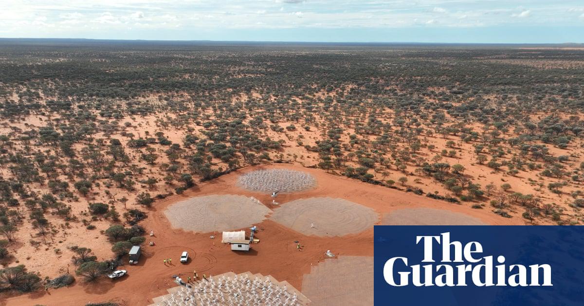 Aerial view of two completed stations at the Square Kilometre Array Observatory in Western Australia, described as one of the most significant scientific endeavours of the 21st century.