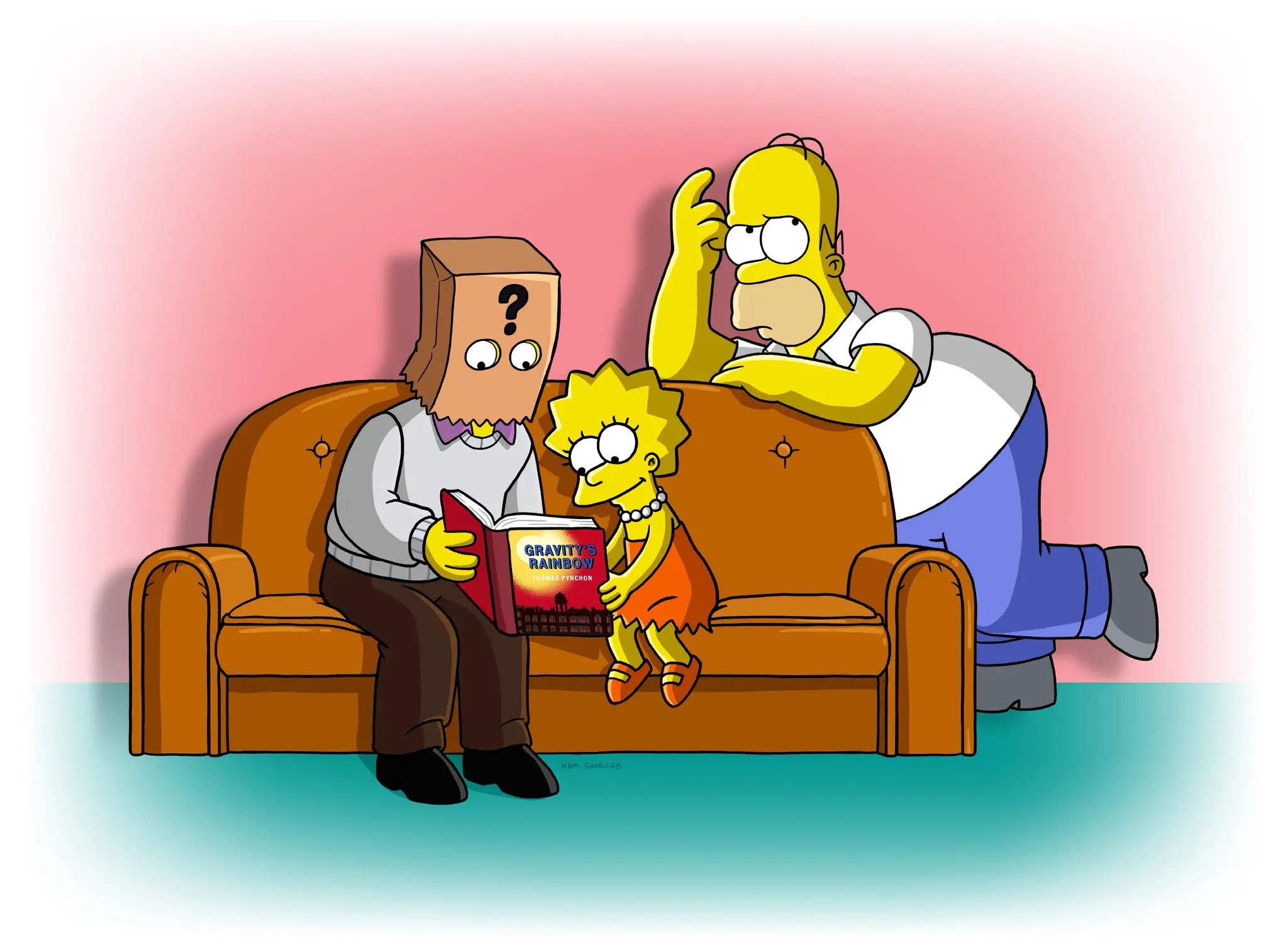 In an image created for The New York Times, Thomas Pynchon, Lisa Simpson and Homer Simpson grapple with the novelist’s “Gravity’s Rainbow.”