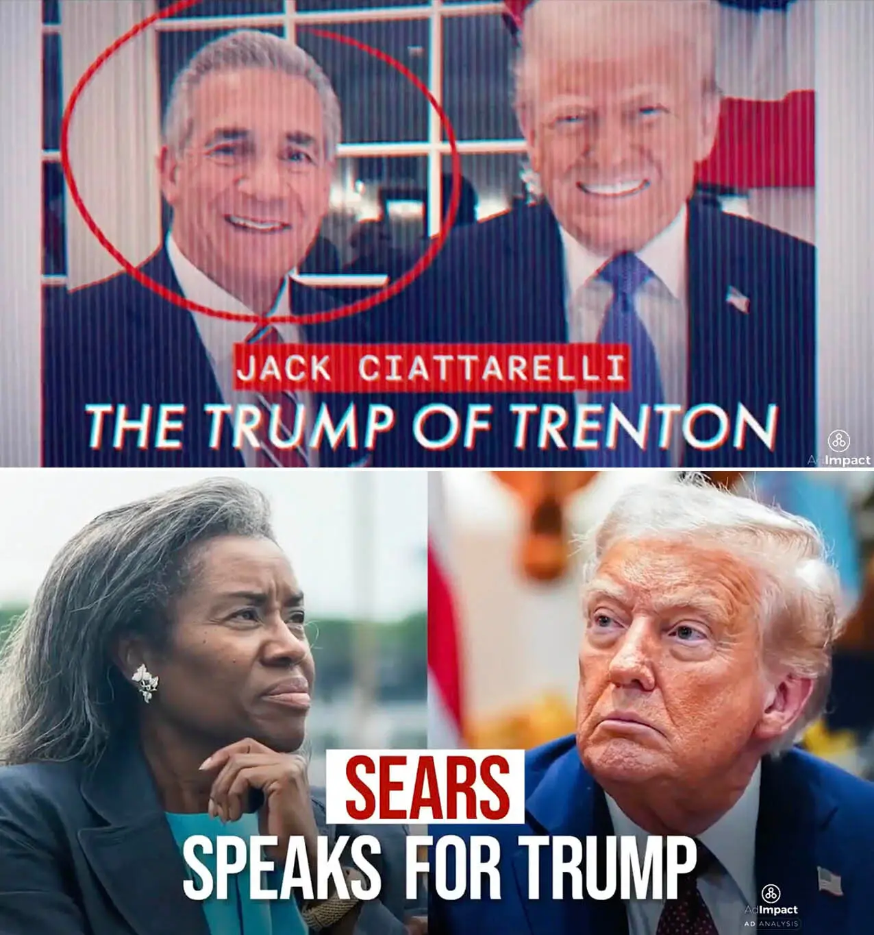 Campaign ads for Democrats Mikie Sherrill, top, and Abigail Spanberger, link their Republican opponents to President Trump.