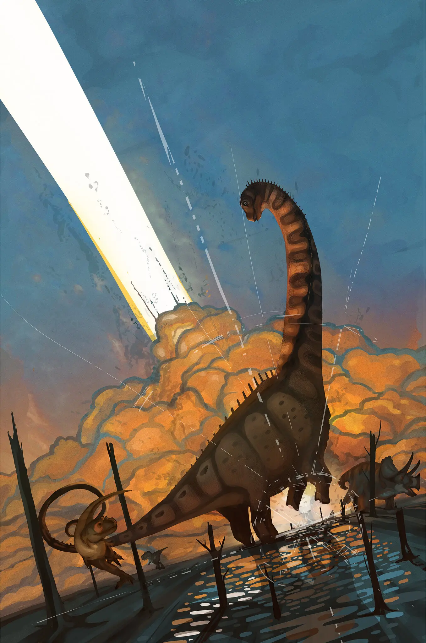 A life reconstruction of Alamosaurus sanjuanensis, from the Naashoibito Member in the San Juan Basin of northwestern New Mexico, at the time of the dinosaurs’ extinction.