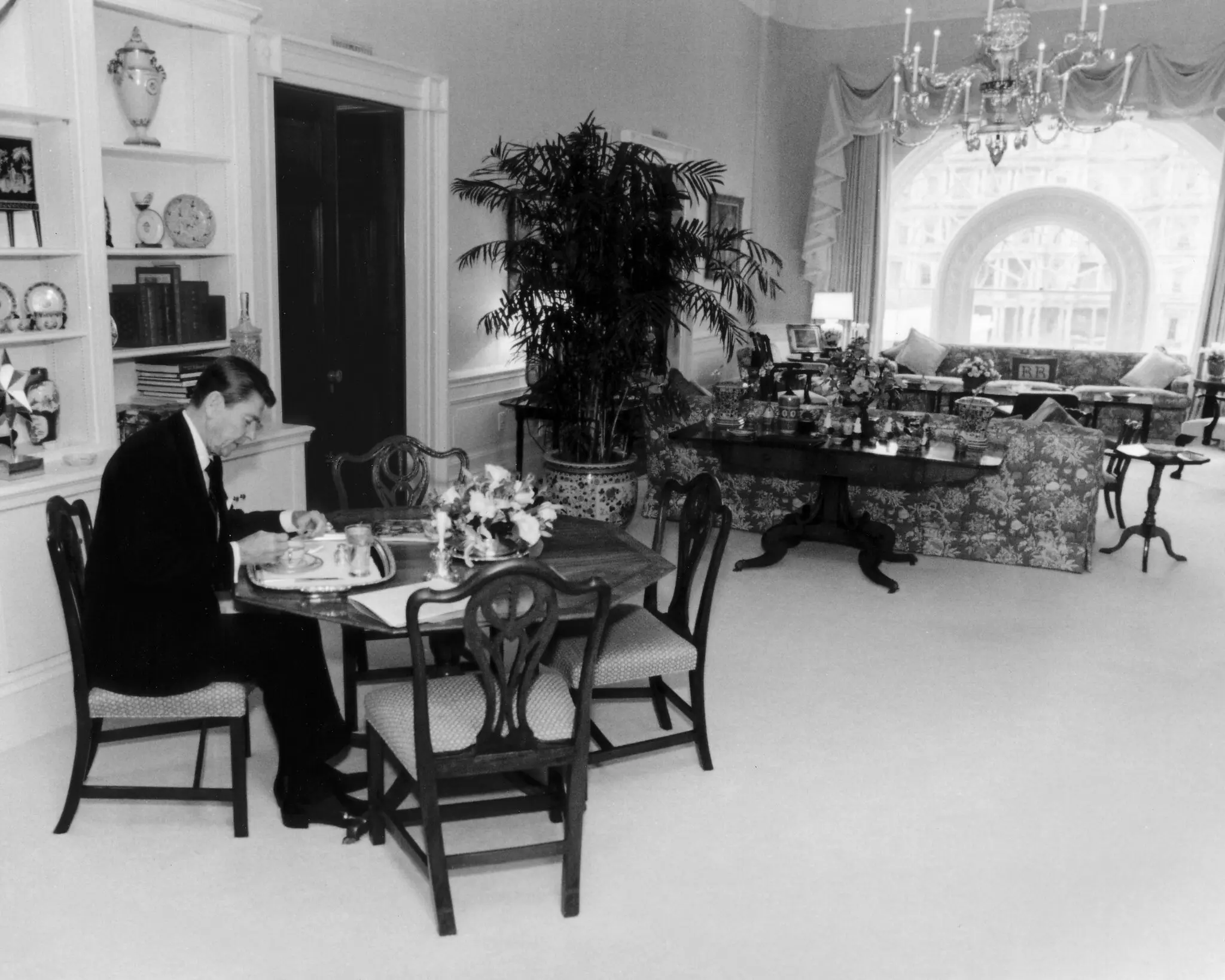 Ronald Reagan in the residence living room at the White House.