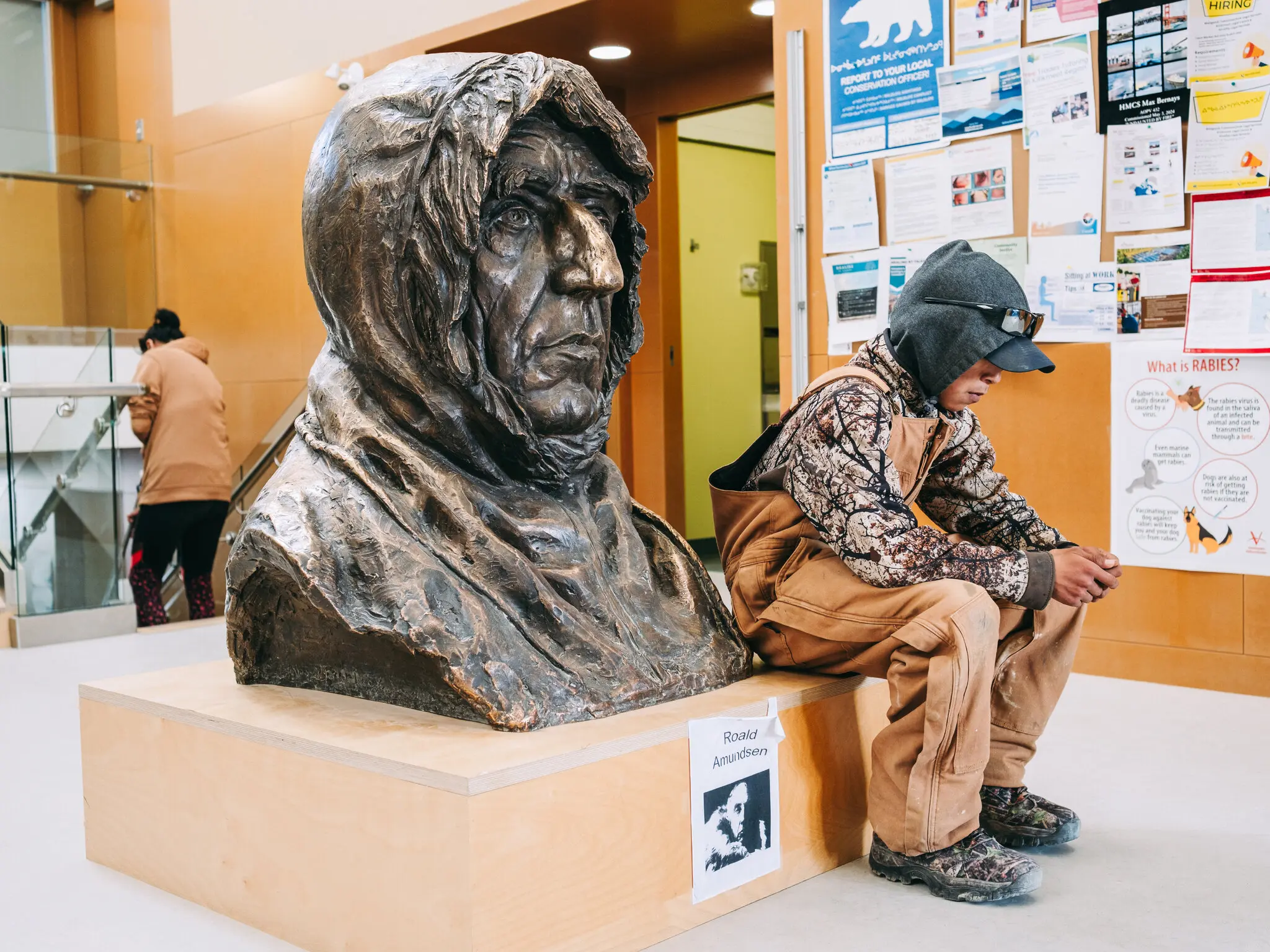 A bust of Roald Amundsen, the Norwegian explorer who first navigated the Northwest Passage, in the Gjoa Haven municipal building.
