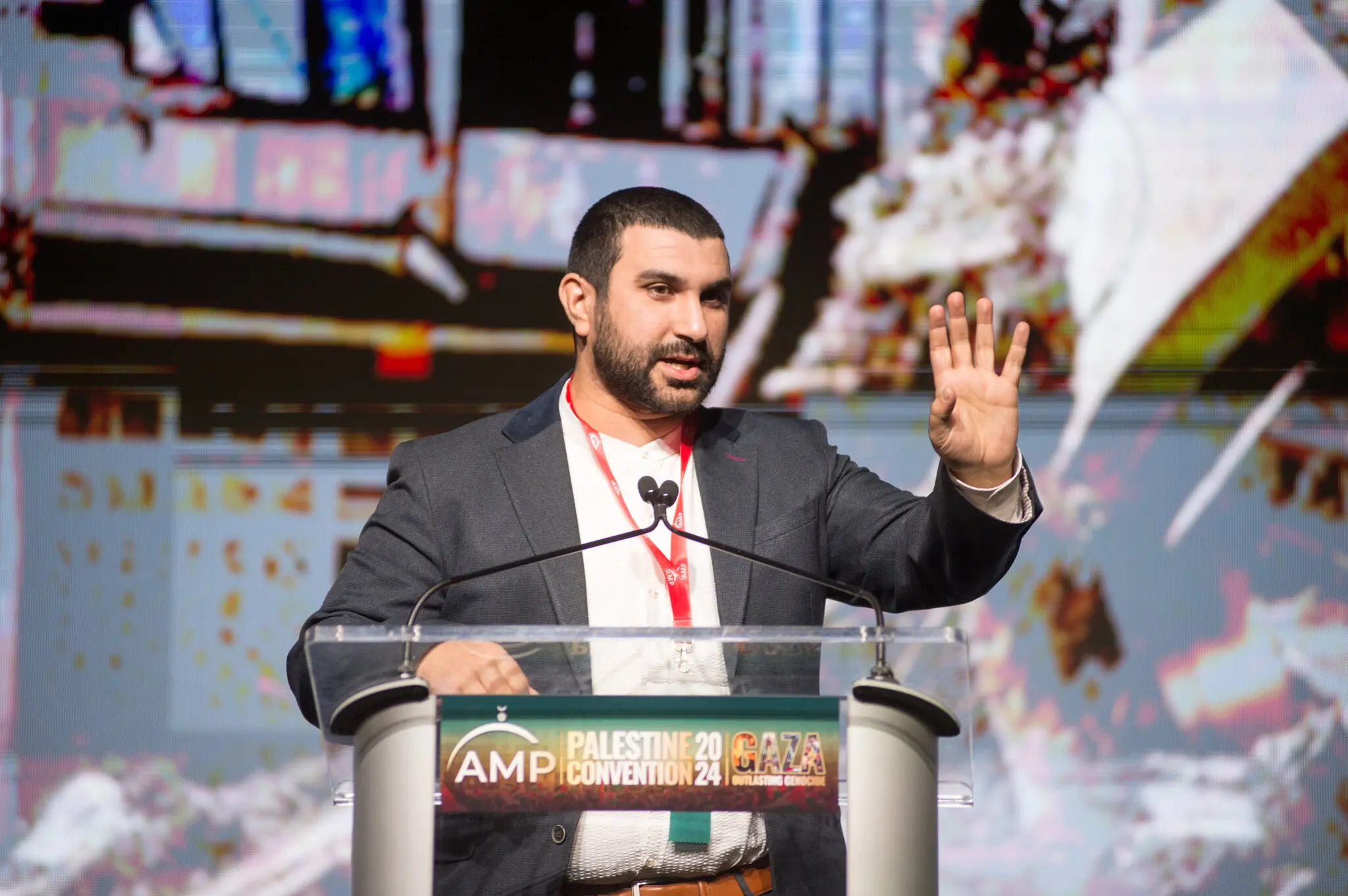 Sami Hamdi, a British commentator, at the Convention for Palestine in Illinois last November. The U.S. government has said he will be deported.