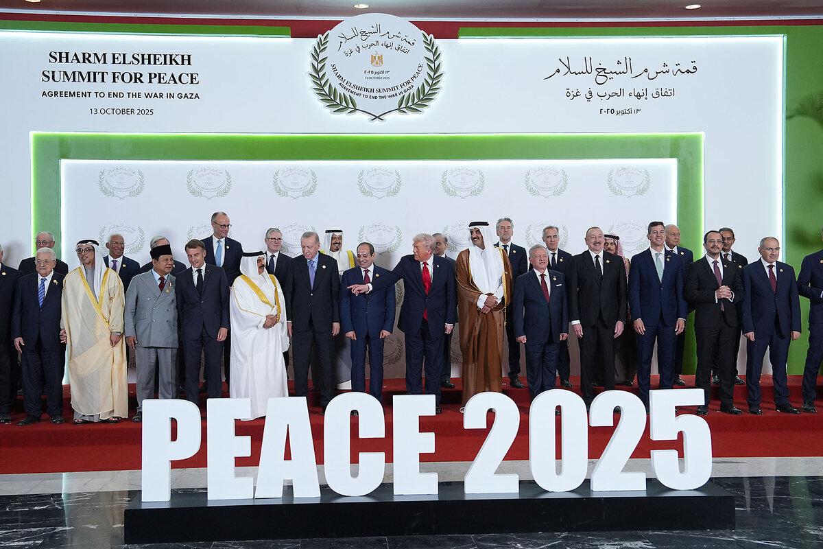 President Donald Trump and other Middle East and international leaders pose for a photo at a summit to support ending the war in Gaza, in Sharm el Sheikh, Egypt, Oct. 13, 2025. Iran was invited but did not attend.