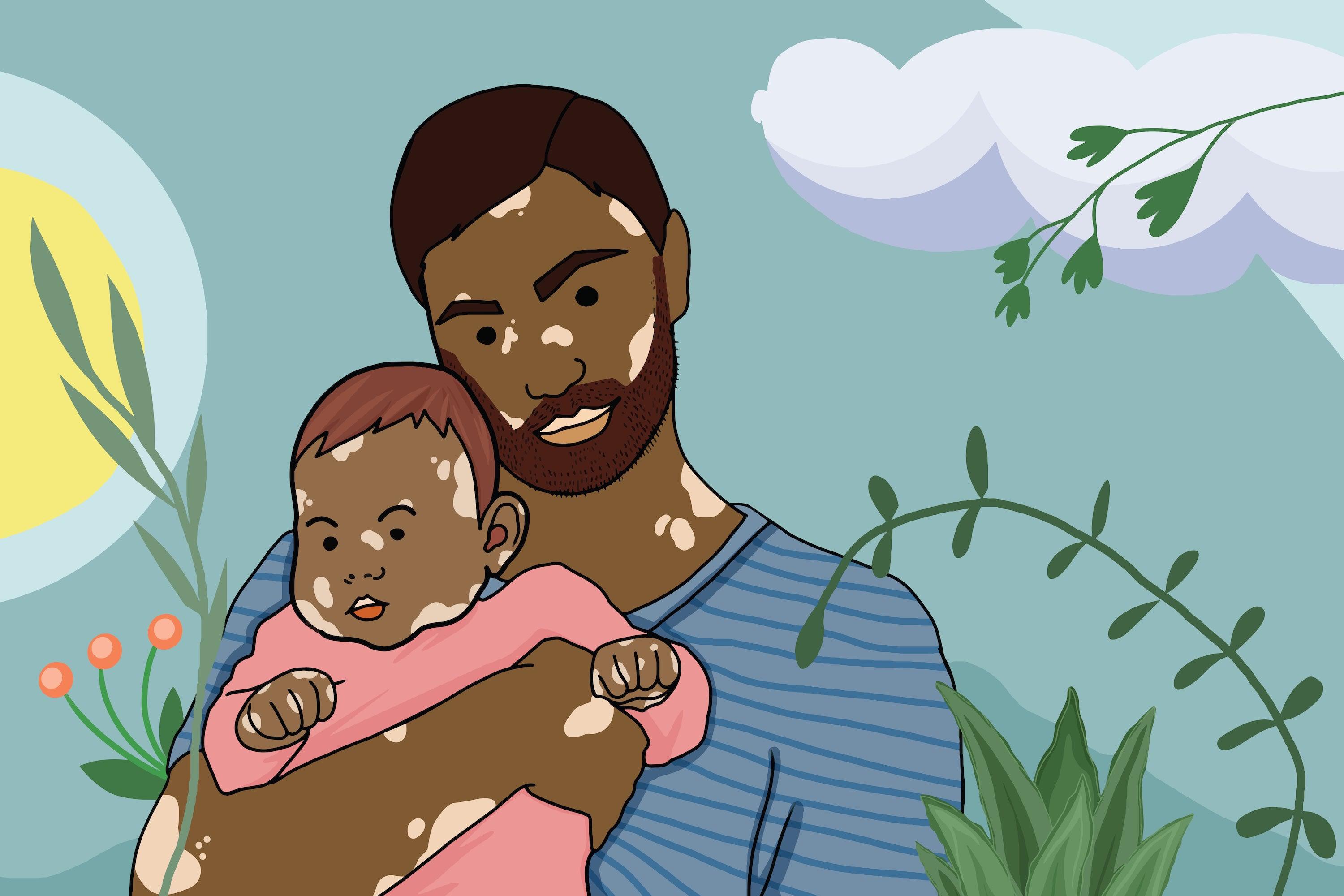 Pastel illustration of dad holding his little daughter on floral background.