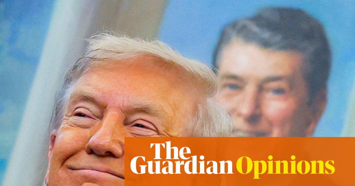 Donald Trump with a painting of former US president Ronald Reagan in the Oval Office at the White House, Washington, 2 September 2025.