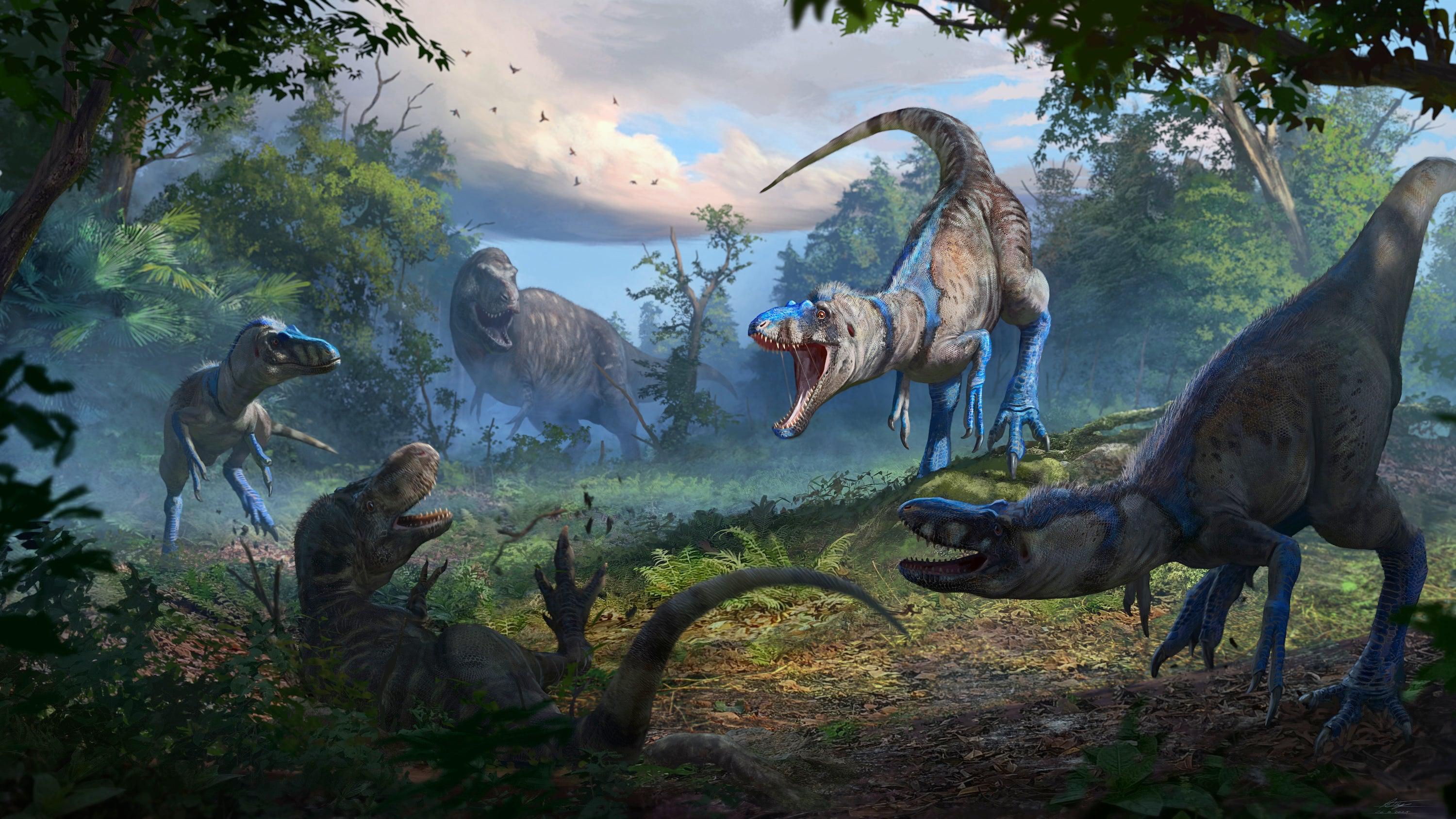 Several dinosaurs pose threateningly while roaring at each other