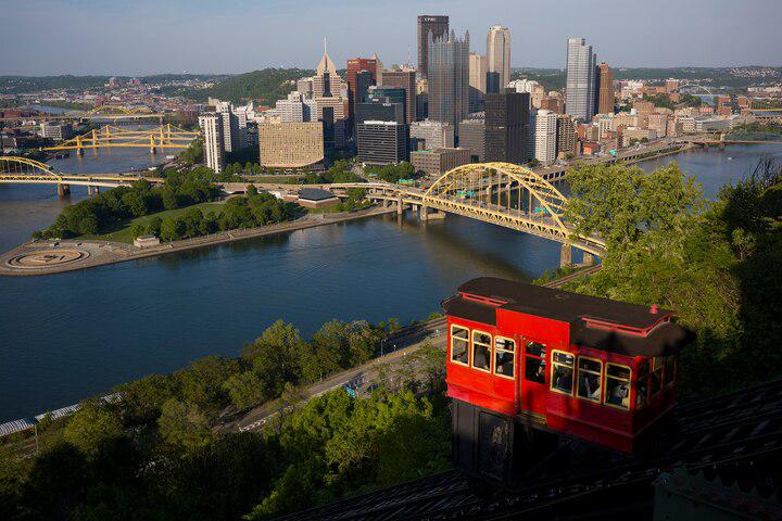 The Duquesne Incline, a funicular that opened in 1877, carries passengers up Mount Washington in Pittsburgh, Pennsylvania.