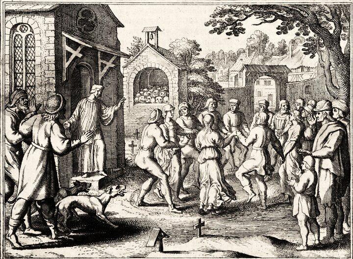 Around 400 people danced for days without rest in Strasbourg, Alsace during the dancing plague of 1518. Over the course of about one month, some of those affected died of heart attack, stroke, or exhaustion.