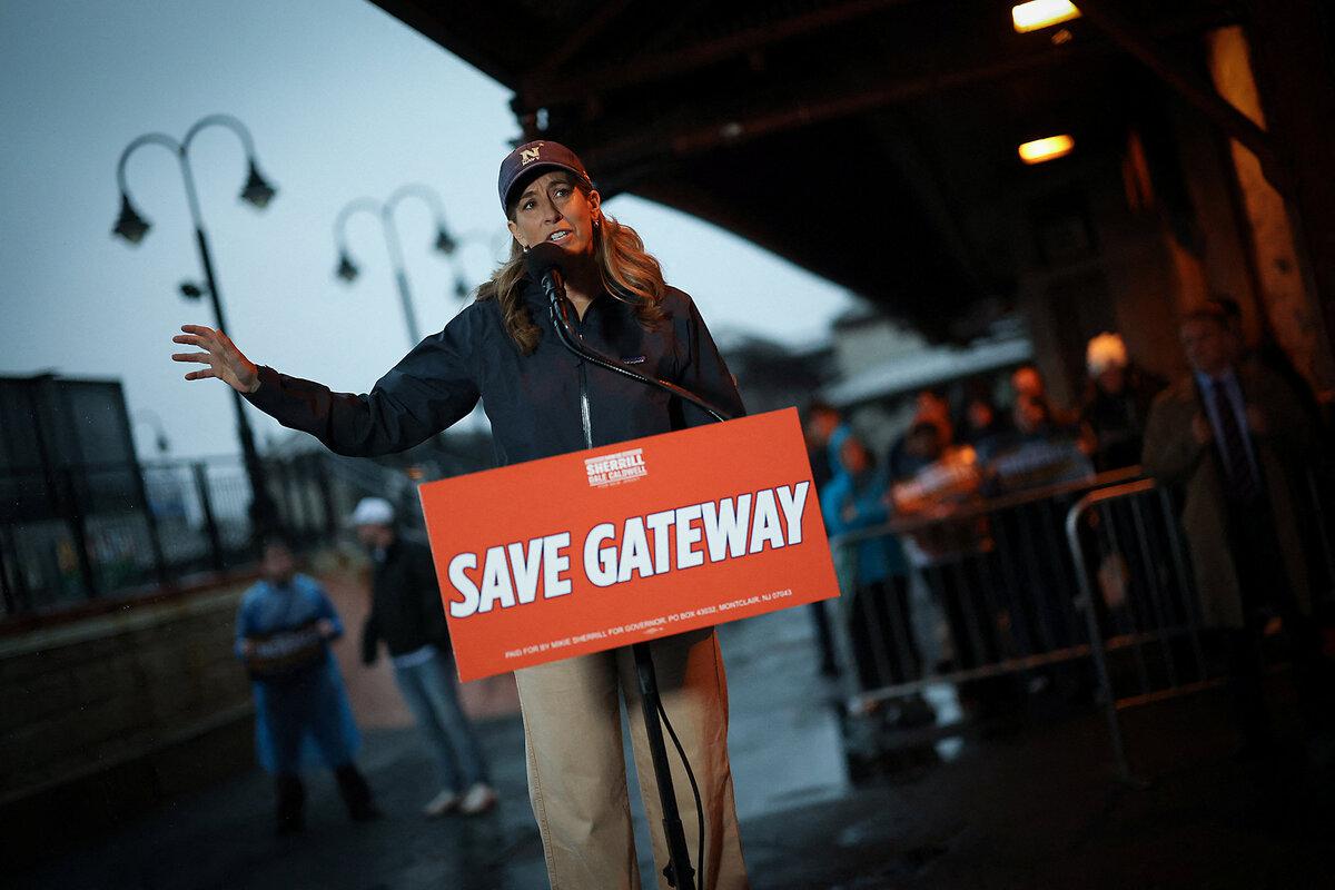 Rep. Mikie Sherrill, the Democratic nominee for governor in New Jersey, campaigns in support of the Gateway Tunnel Project linking her state to New York City, in Westfield, New Jersey, Oct. 30, 2025.