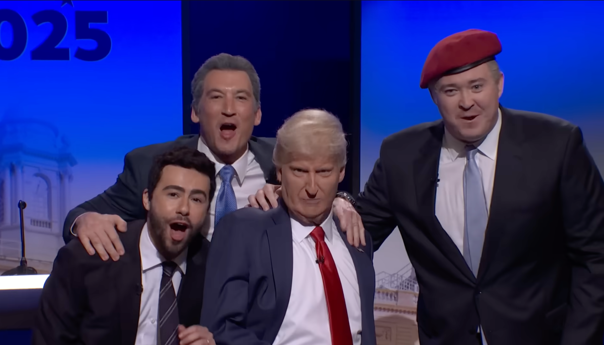 Ramy Youssef, Miles Teller, James Austin Johnson and Shane Gillis in a New York City mayoral debate that opened “Saturday Night Live.”