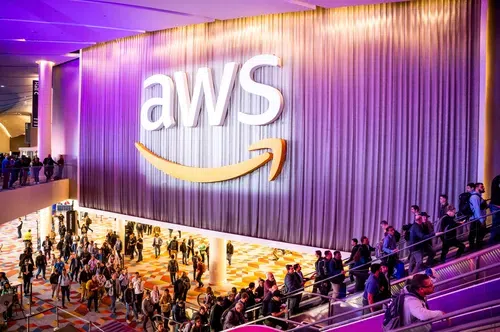Attendees arrive at an AWS re:Invent event in Las Vegas.