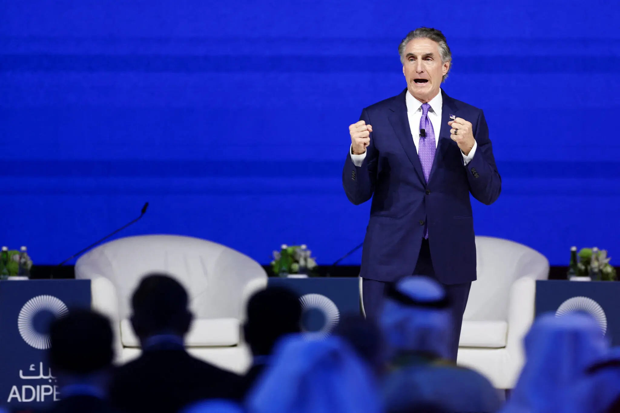Interior secretary Doug Burgum addressing the annual Abu Dhabi International Petroleum Exhibition and Conference in the United Arab Emirates on Monday.