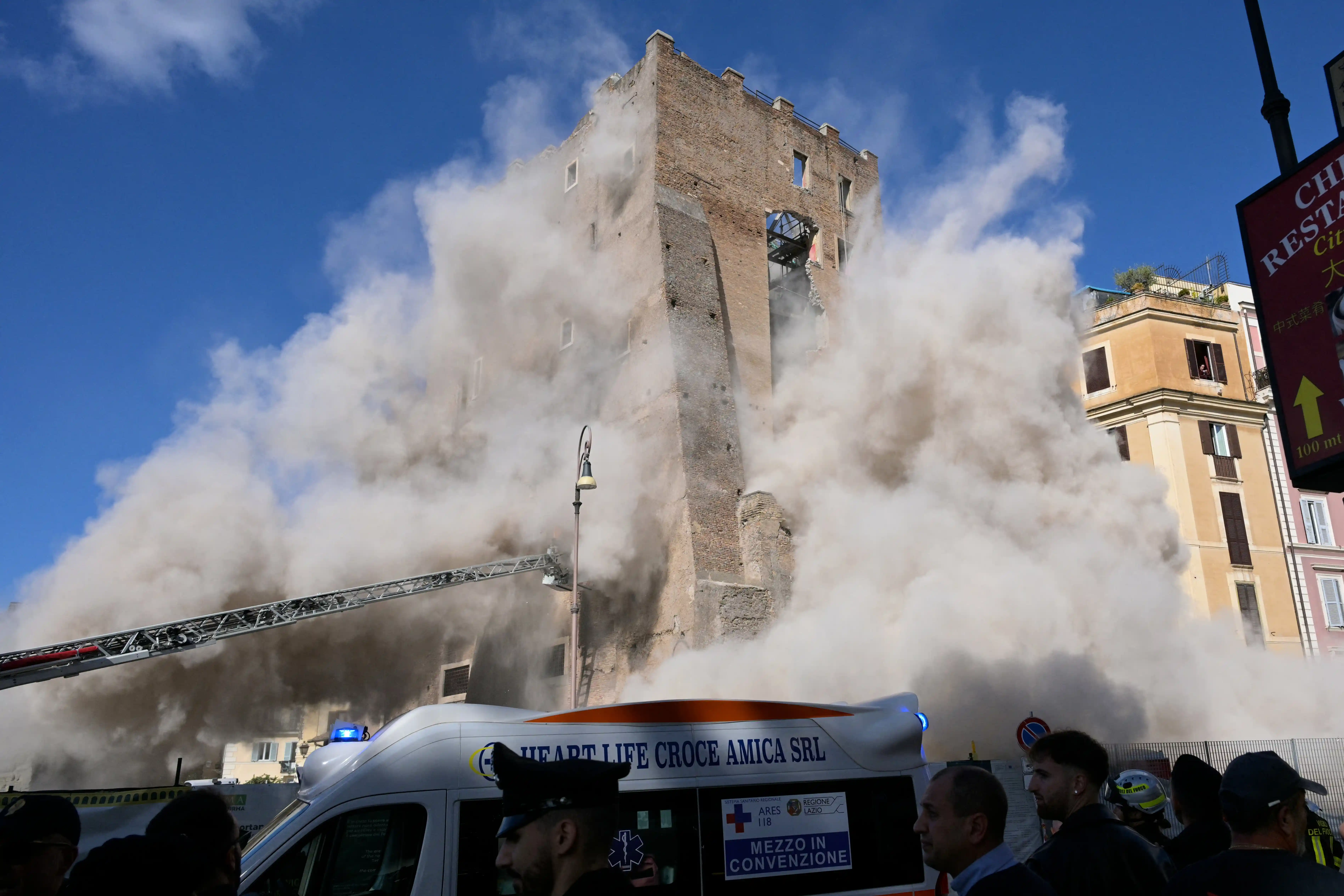 The Torre dei Conti, a 13th-century medieval tower near Rome’s Colosseum, partially collapsed on Monday. Two restoration workers had to be rescued, and a third suffered critical injuries.