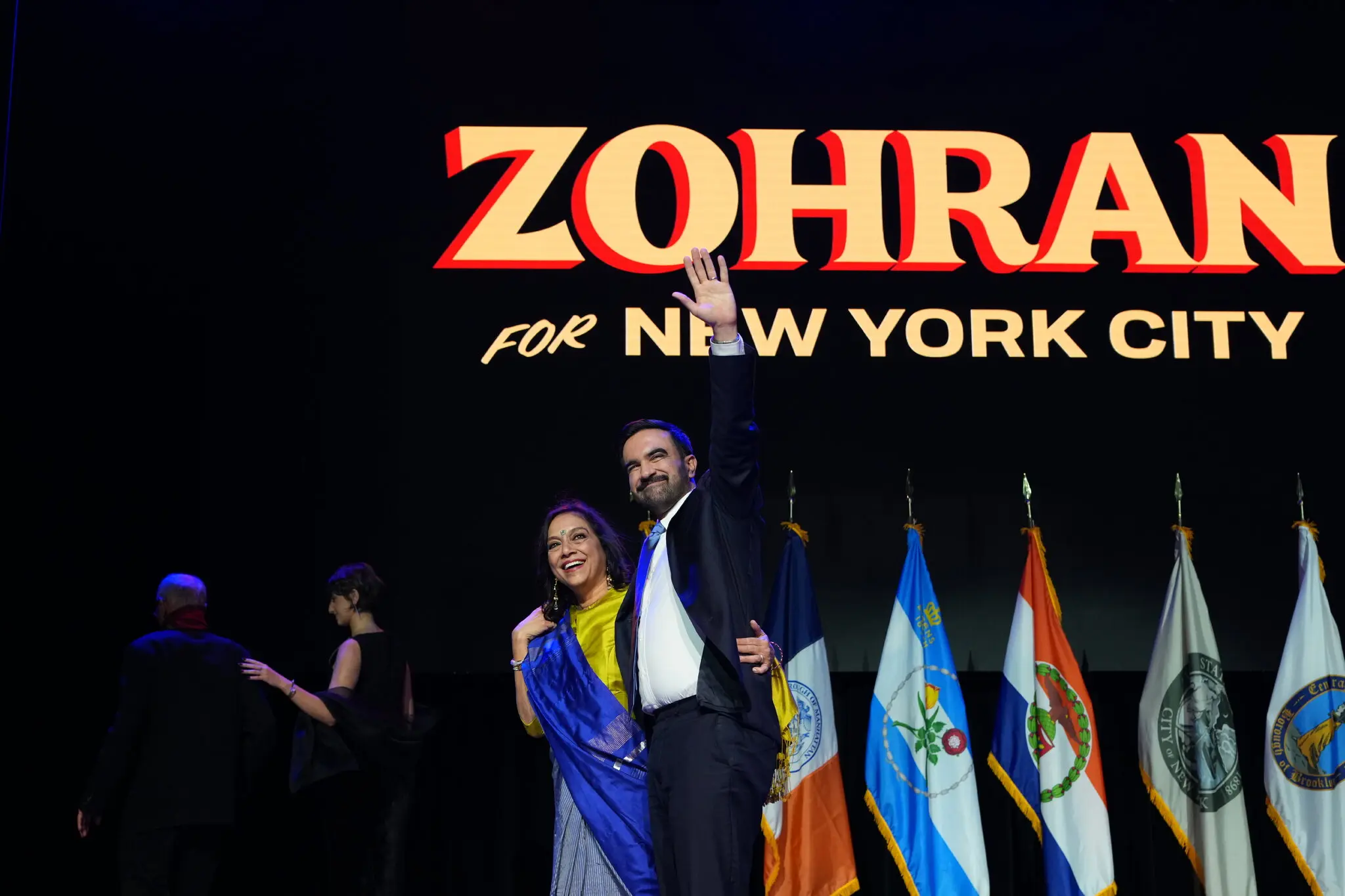 Mayor-elect Zohran Mamdani with his mother Mira Nair at an election party at the Brooklyn Paramount theater.