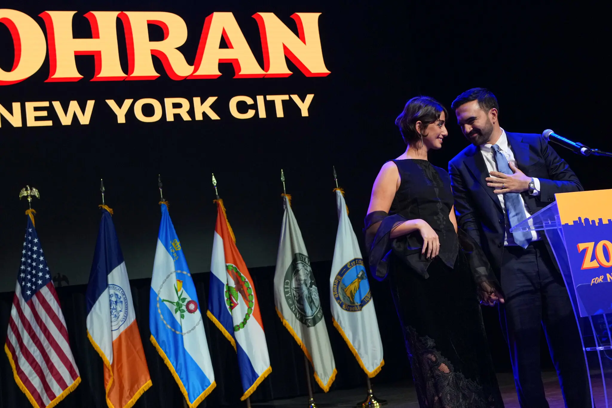 Rama Duwaji alongside her husband, Zohran Mamdani, the next mayor of New York City, at his election night event on Tuesday.