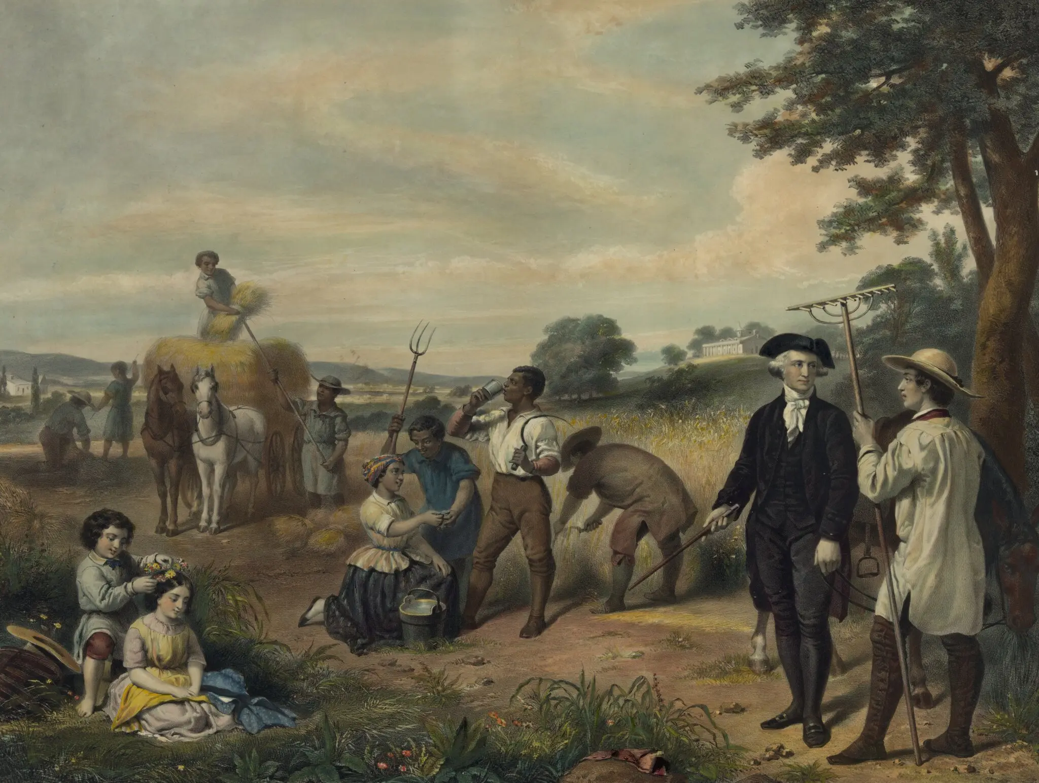 A lithograph from the 1850s depicting George Washington as a farmer.