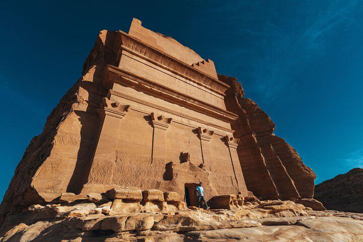Qasr al-Farid (The Lonely Castle), a rock-carved tomb, stands alone at the ancient Nabataean site of Hegra.