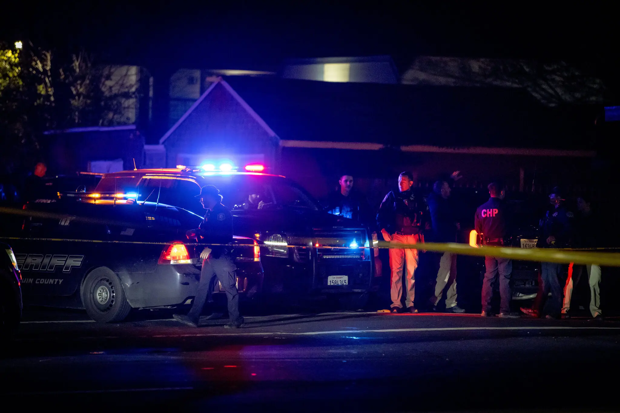 Law enforcement officers at the scene of a shooting in Stockton, Calif., on Saturday.