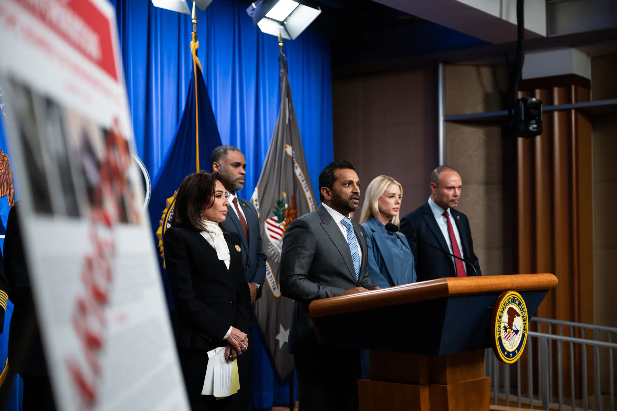F.B.I. Director Kash Patel and U.S. Attorney General Pam Bondi speak at a news conference following the arrest in the D.C. pipe bomber investigation.