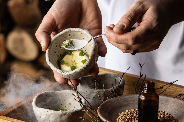 Douglas fir, one of the foraged ingredients used at The Black Swan at Oldstead, is served with yoghurt.